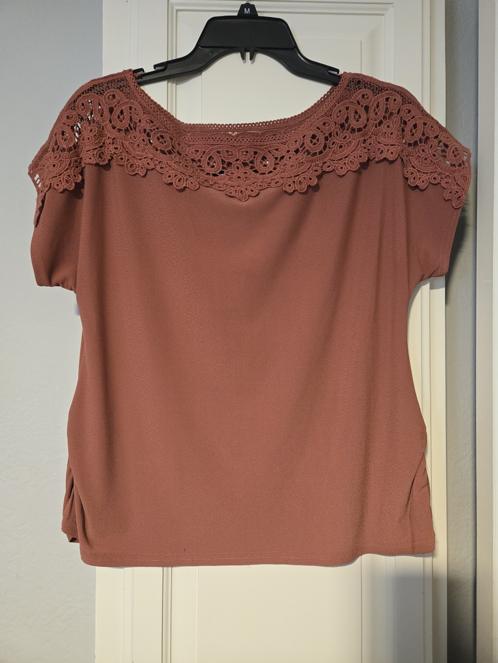 Detailed Lace Yoke Short Sleeve Top - Dusty Rose